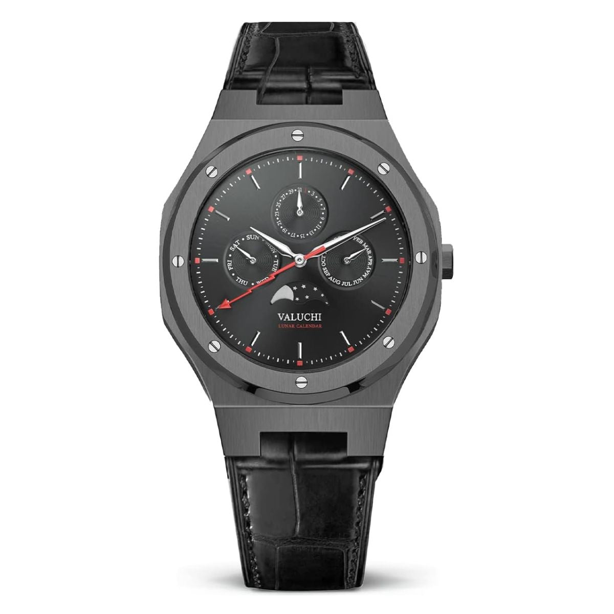 Valuchi Lunar Calendar Unisex Watch | Leather Gunmetal Black