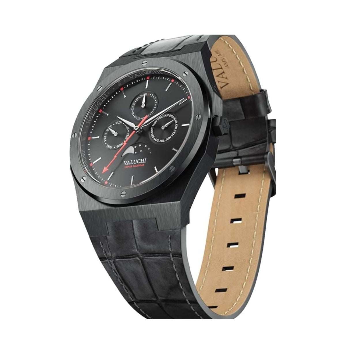 Valuchi Lunar Calendar Unisex Watch | Leather Gunmetal Black