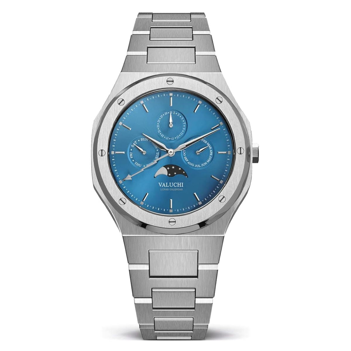 Valuchi Lunar Calendar Unisex Watch | Silver Aquamarine