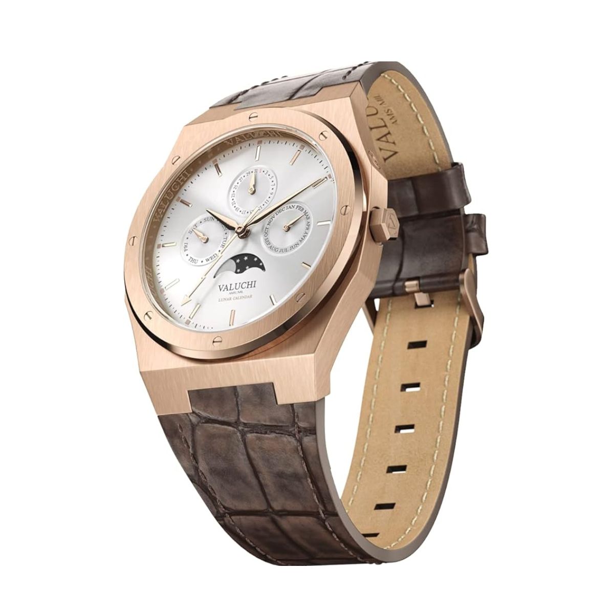 Valuchi Lunar Calendar Unisex Watch | Leather Rose Gold White